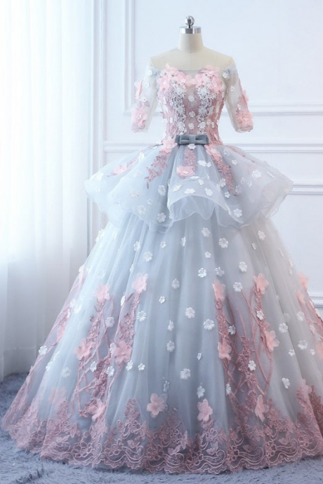 Custom Women Pink Flowers Prom Dress Ball Gown Long Quinceanera Dress Floral Flowers Masquerade Prom Dress M2310