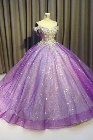 Purple Off The Shoulder Ball Gown , Bling Bling Prom Dress M2313