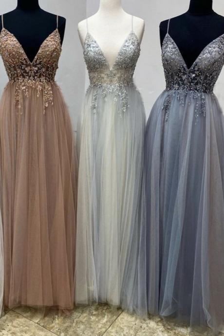 Beaded V Neck Prom Dresses Tulle Floor Length Evening Gown For High School Prom M2317