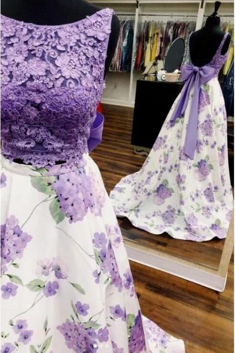 Lace Two Pieces Long Prom Dress Purple Evening Dress M2325