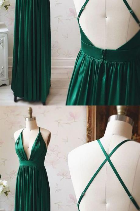 A Line V Neck Emerald Green Backless Prom Dresses,emerald Green Backless Long Formal Evening Dresses M2331