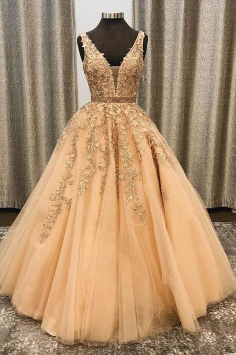 Classic A-line Gold Long Prom Dress Formal Dress With Lace Appliques And Beaded Bodice M2334