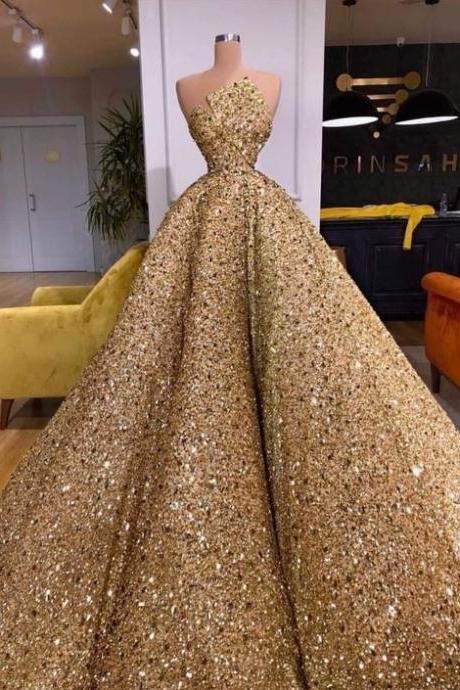 Classic A-line Gold Long Prom Dress Formal Dress With Sequin M2335