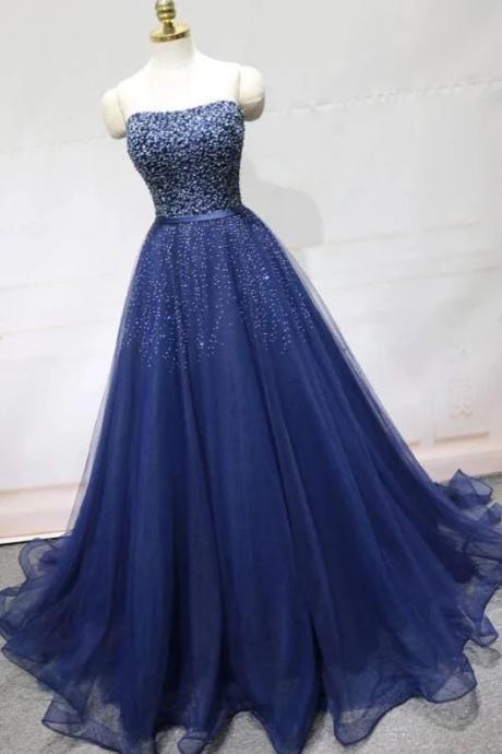Blue Beaded And Sequins Long Tulle Elegant Party Dress, Formal Dress M2346