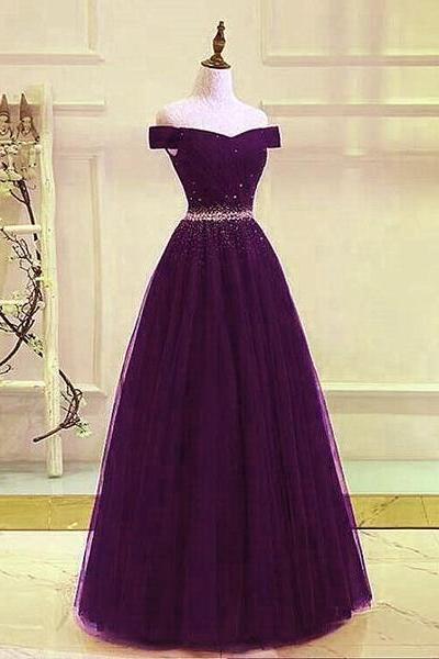 Beautiful Dark Purple Beaded Tulle Prom Gown, Off Shoulder Prom Dress M2348