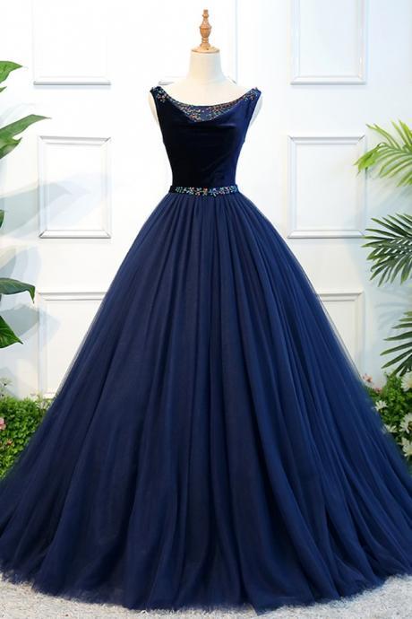 Design Navy Blue Velvet Top Colorful Beaded Lace Up Floor Length Tulle Prom Dress M2349