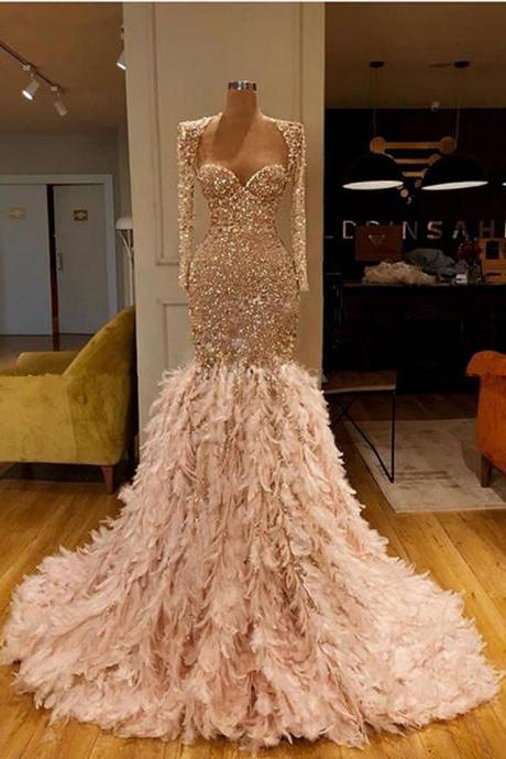 Champagne Sparkly Evening Dresses Long Sleeve Mermaid Feather Luxury Modest Elegant Evening Gown M2352
