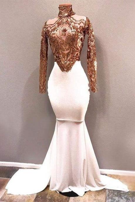 White High Neck Long Sleeve Gold Sequins Mermaid Prom Dress M2362
