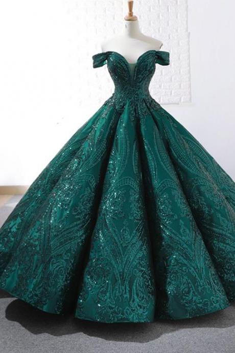 Dark Green Sequins Ball Gown Off The Shoulder Prom Dress M2374
