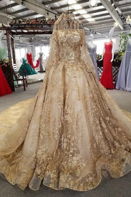 Ball Gown Off The Shoulder Long Sleeve Crystal Beaded Gold Lace Wedding Dress M2375