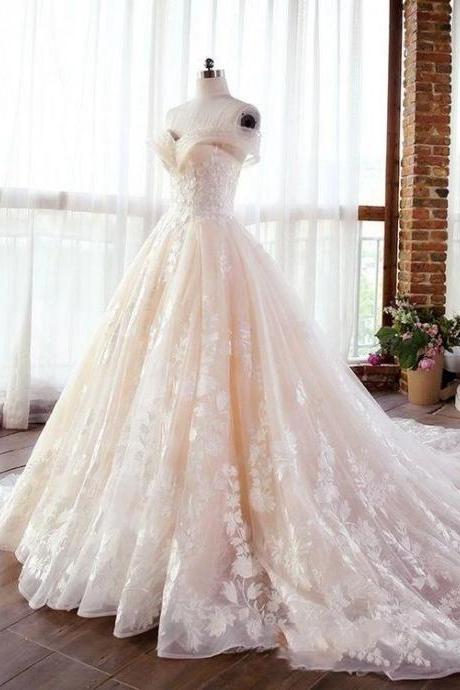 Luxury Champagne Lace Off Shoulders Poofy Ball Gown For Wedding Puffy Wedding Dress M2379