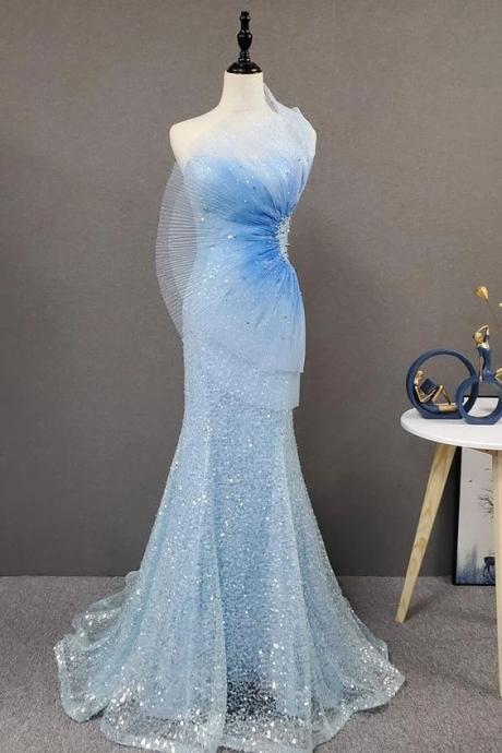 One Shoulder Frozen Elsa Dress Sparkly Light Blue Sequin Prom Dress M2390