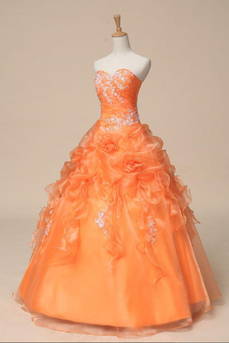 Lace Applique Orange Ball Gown Quinceanera Dress Long Evening Dress Prom Dress Custom Made Bridal Party Dress M2392
