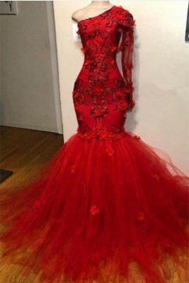 One Shoulder Prom Dresses, Long Sleeve Prom Dresses, Lace Prom Dresses, Red Prom Dresses M2396