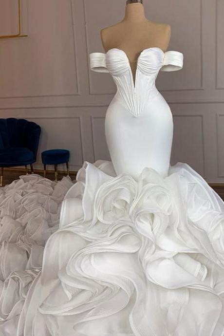 Elegant Mermaid African Women Wedding Dresses 2021 Off The Shoulder Ruffles High Quality Satin Birdal White Wedding Gowns M2399
