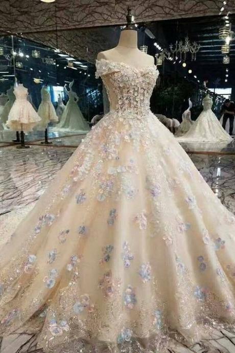 Off Shoulder Champagne Appliques Wedding Dresses Bridal Ball Gowns Custom Made M2413