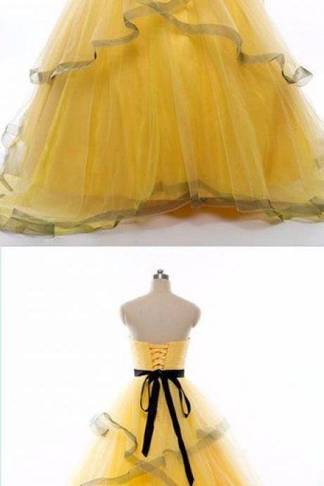 Sweetheart Neck Yellow Tulle Long Ruffles Evening Dress, Long Strapless Spring Prom Dress M2419