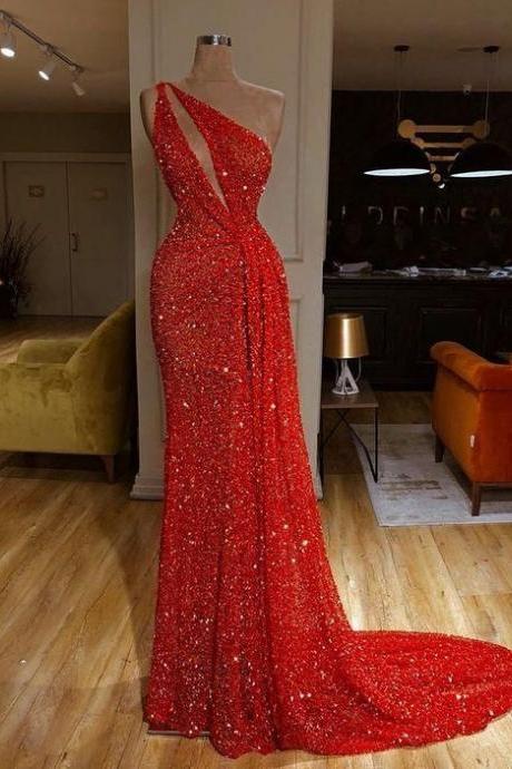 Sparkly Evening Dresses Long Mermaid Red One Shoulder Bling Bling Sexy Formal Dresses Evening Gown M2423