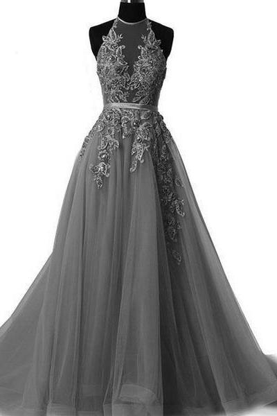 Grey Long Prom Dress, Evening Dress M2427