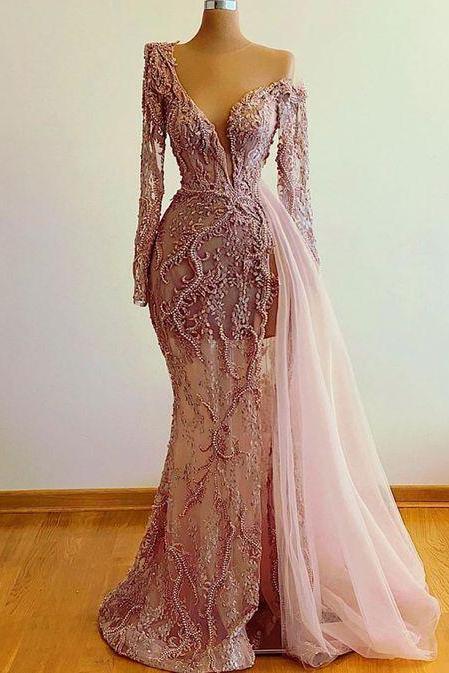 Mermaid Evening Dress, Beaded Evening Dress, Pink Evening Dresses, 2021 Evening Dress M2429