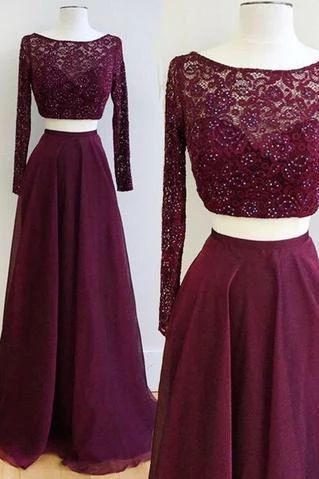 Two Piece Burgundy Prom Dress Long Sleeves Party Dress Floor-length Evening Dress With Lace Beading M2449