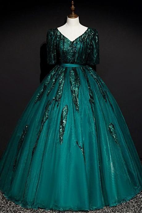 Deep Green Tulle Lace Dress, Long A Line Short Sleeve Senior Prom Dress M2451