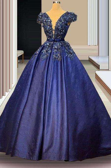 Navy Blue Appliques Prom Dresses A-line Long Crystals Evening Dresses Women Celebrity Dresses M2454