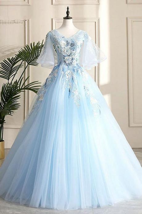 Floor Length Blue Evening Party Dress School V-neck Lace Flowers Lace-up Back Fashionable Long Prom Dress Ball Gown M2455