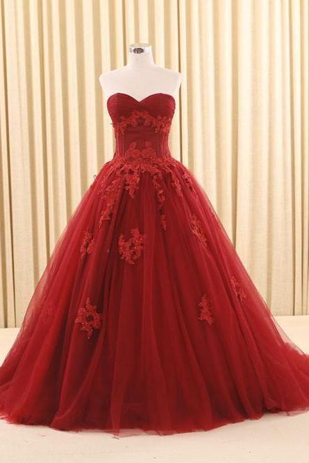 Dark Red Ball Gown Lace Dress M2456
