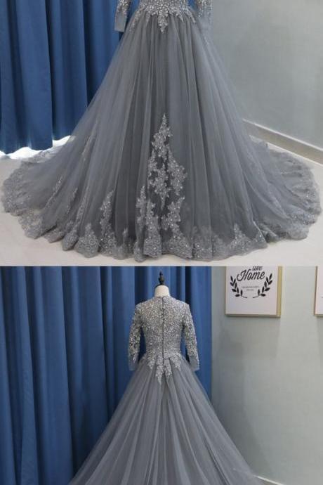 Gray Tulle O Neck Long Sleeve Formal Prom Dress With Lace Applique M2460