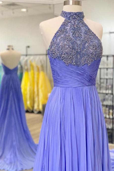 Princess High Neck Beaded Purple Long Formal Dress Prom Dress With Halter And Open Nack M2472