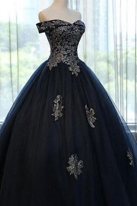 Navy Blue Off The Shoulder Lace Appliques Ball Gown Prom Dresses Evening Quinceanera Dress M2490