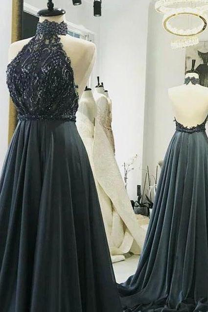 Grey Halter Lace Beaded Long Prom Dresses Backless Evening Dresses M2504