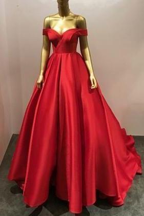 Elegant Off Shoulder Red Prom Dress, Floor Length Long Prom Dresses M2507
