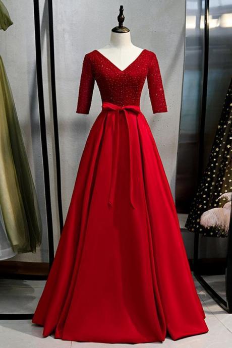 Burgundy Satin Sequins Long V Neck Customize Prom Dress, Formal Dress M2508