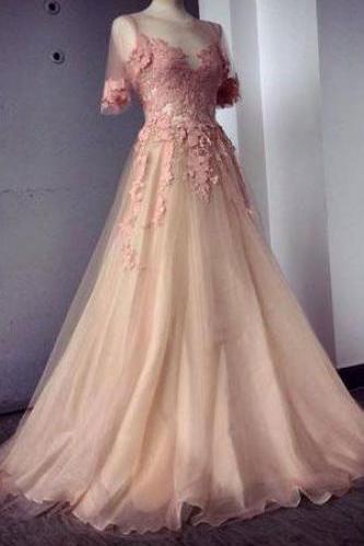 Appliques And Tulle Prom Dresses, Floor-length Prom Dresses, Sexy Prom Dresses, Half Sleeve Prom Dresses M2509