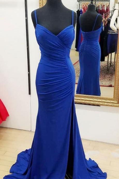 Royal Blue Prom Dresses Split Side, Spaghetti Straps Dresses For Women M2513
