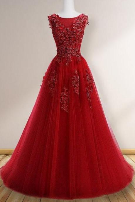2021 A-line Scoop Sleeveless Long Applique Tulle Prom Dresses M2524