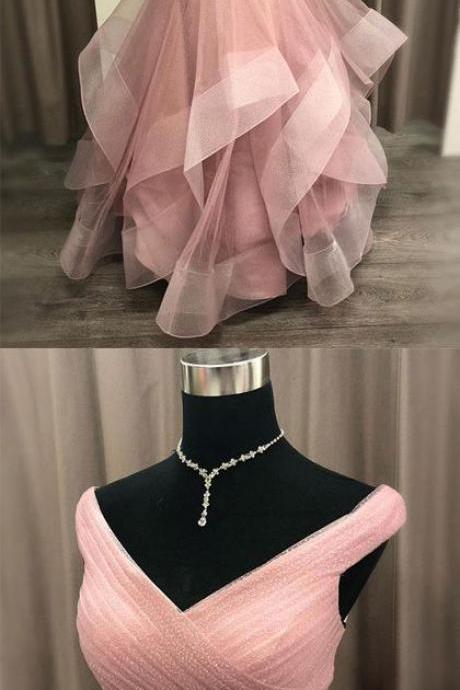 Beautiful Pink Prom Dresses Off The Shoulder Evening Dress With Ruffles M2525
