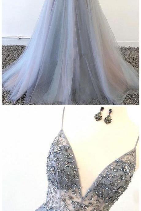 V Neck Gray Tulle Beads Long Prom Dress, Gray Tulle Beads Evening Dress M2529