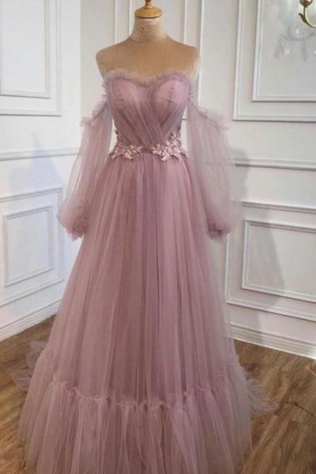 Elegant Mauve Tulle Prom Dresses Princess Style Puffy Sleeves M2531