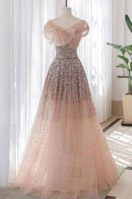 Pink Tulle Sequins Long A Line Customize Formal Dress, Prom Dress M2541