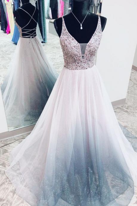 elegant a-line silver long prom dress v neckline m2545