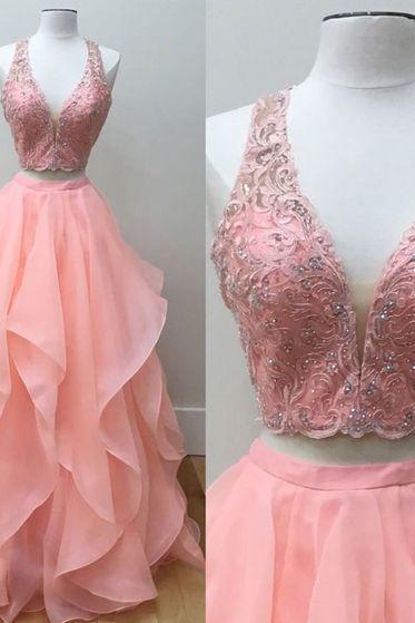 Pink Two Pieces Lace Long Prom Dress, Pink Evening Dress M2550