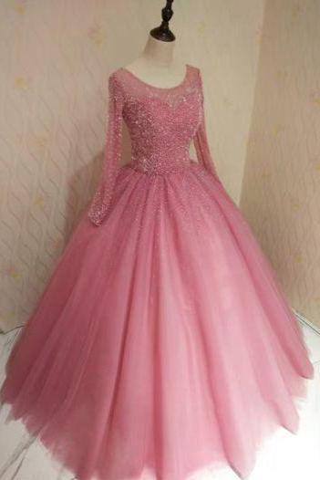 Long Sleeve Pink Sweet 16 Prom Dress,charming Evening Dress M2555