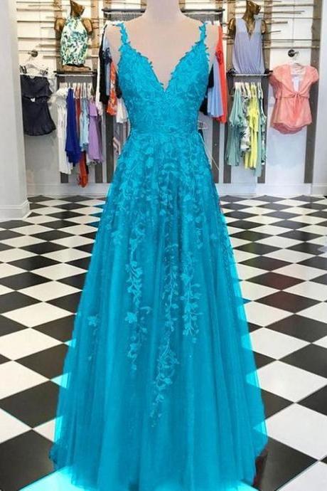 Turquoise Fancy Girls Lace Appliques Prom Dresses With Straps M2565