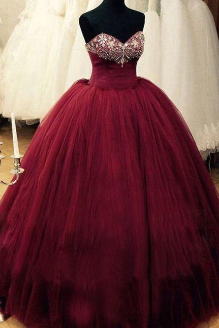 Romantic Burgundy Quinceanera Dresses Sweetheart Beaded Tulle Puffy Formal Dress M2566