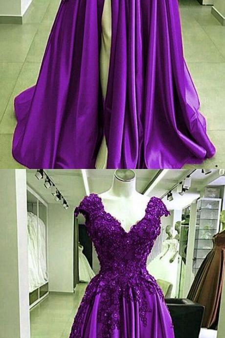 purple lace flowers beaded v neck cap sleeves satin prom dresses leg split m2581