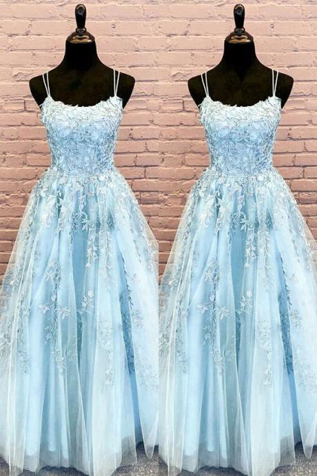 Elegant Cinderella Blue Prom Dresses Ball Gown Tulle Floor Length Lace Embroidery m2585
