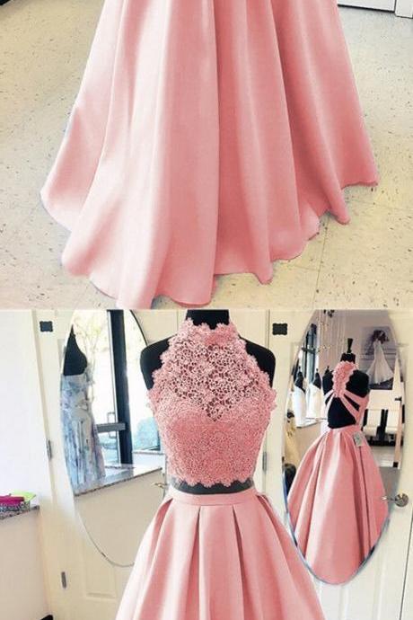 Blush Prom Dresses Two Piece With Lace Crop M2586
